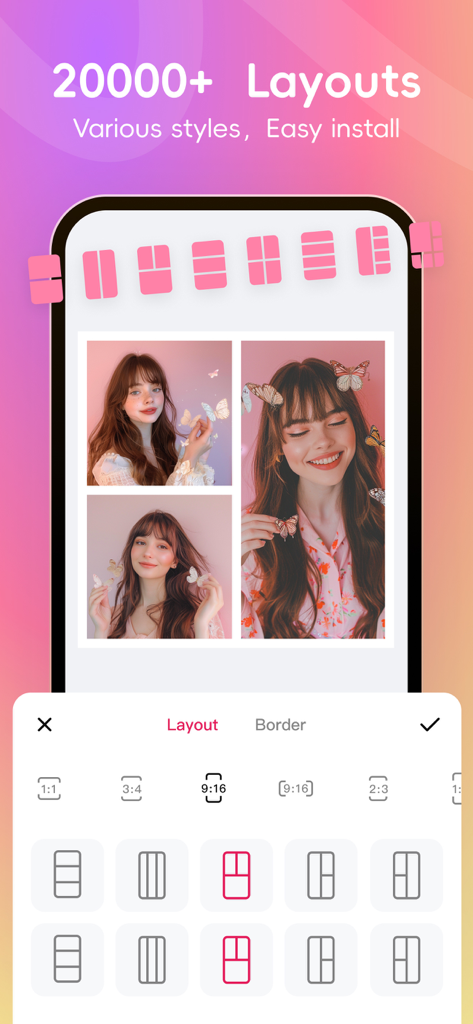 A mobile app interface displaying multiple photo collage layout options and aspect ratios for editing.