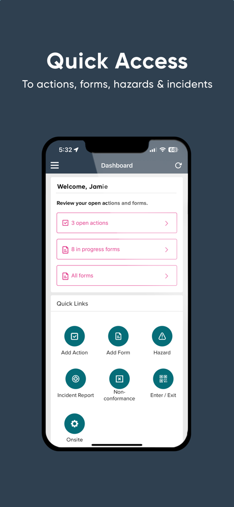Tableau de bord de l'application Ideagen EHS Core présentant des liens d'accès rapide pour les formulaires de sécurité, le signalement des dangers et la gestion des incidents.