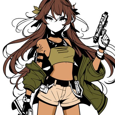 bad girl wearing crop top holding a gun long hair anime