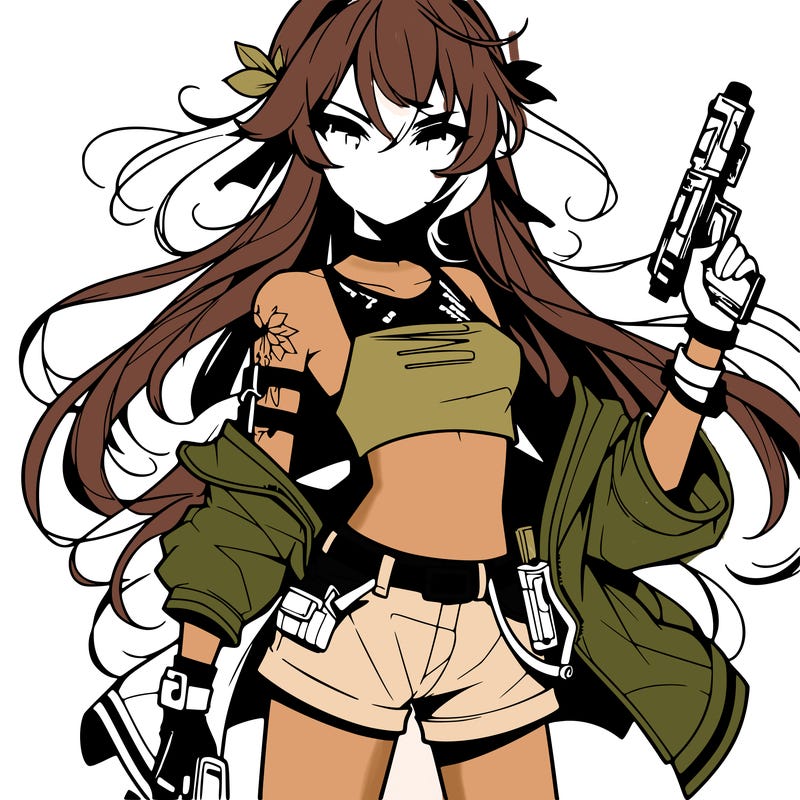 bad girl wearing crop top holding a gun long hair anime