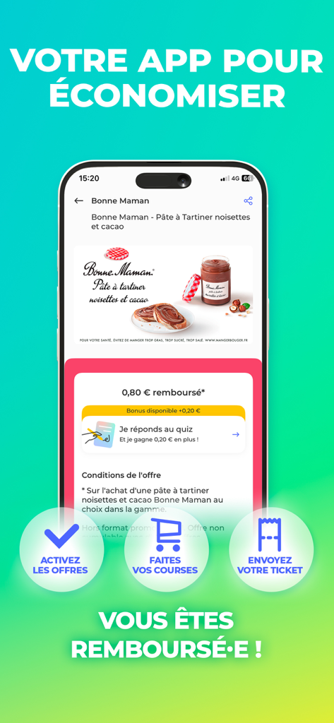 A mobile app screen for Coupon Network showing a cashback offer on hazelnut spread and instructions to save on groceries