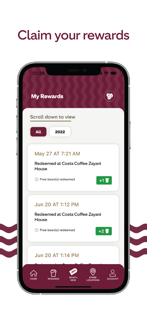 Costa Coffee Club BH - Costa Coffee Club BH App-Belohnungsverlauf-Seite mit eingelösten Bohnen und Transaktionsdetails