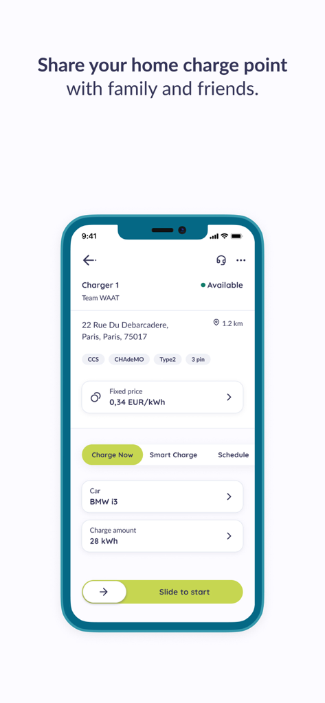 MyWAAT - Pantalla de smartphone de la aplicación MyWAAT que muestra la opción de compartir el punto de carga doméstico y los controles de inicio de sesión.