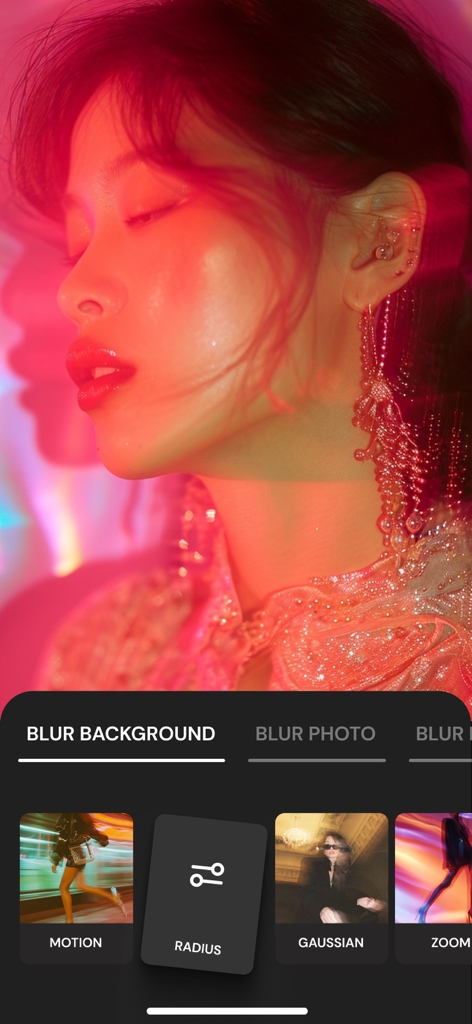 Motion Blur Photo Background - User interface of the Motion Blur Photo Background app showing various blur effects and a portrait with aesthetic red lighting