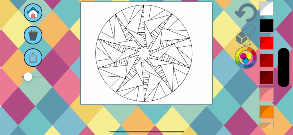 Book of mandalas to paint - Digital interface of a mandala coloring app featuring a geometric line drawing and color palette
