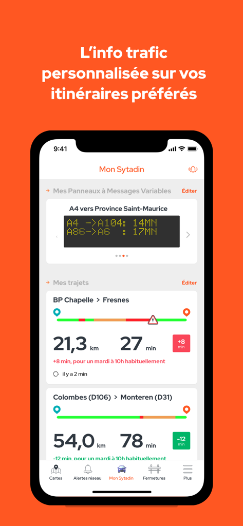 Interfaccia dell'app SYTADIN che mostra informazioni personalizzate sul traffico e tempi di percorrenza per i percorsi salvati nella regione di Parigi.