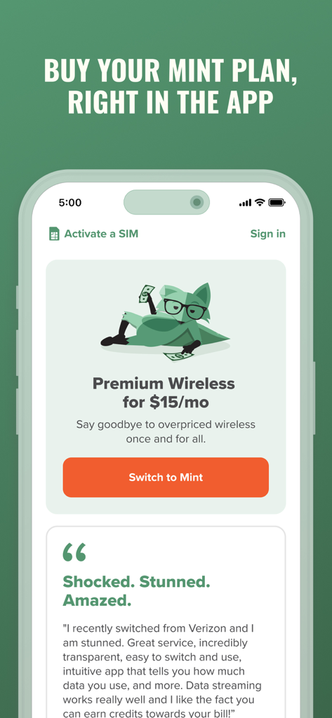 Mint Mobile - Mint Mobile app interface featuring a premium wireless plan for 15 dollars per month and a user testimonial about switching carriers.