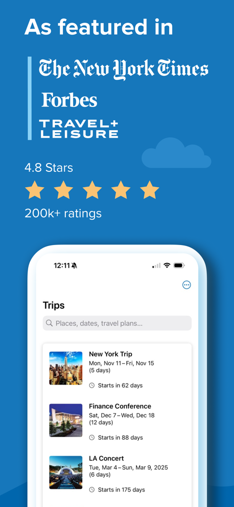 今後の旅行旅程のリスト、高いユーザー評価、ForbesやThe New York Timesからのメディア推薦を表示するTripItアプリのインターフェース。