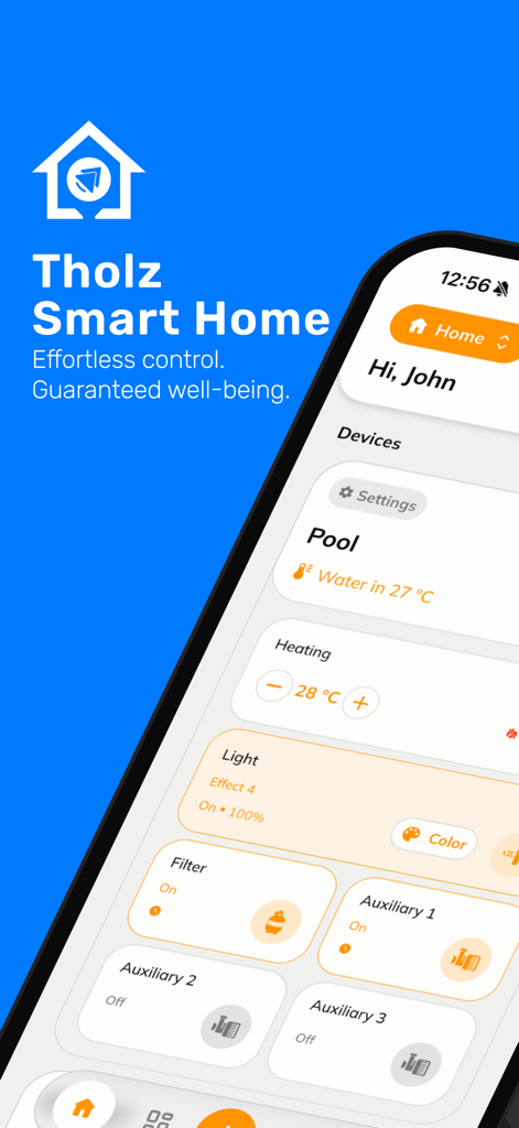 Tholz Smart Home - Interface of the Tholz Smart Home app showing pool temperature and heating controls on an iPhone.
