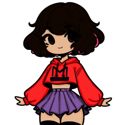 cute femboy with short, fluffy hair that softly frames their face, wearing a cropped hoodie, paired with a flouncy short skirt, and thigh-high stockings