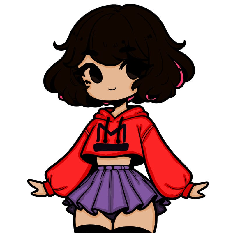 cute femboy with short, fluffy hair that softly frames their face, wearing a cropped hoodie, paired with a flouncy short skirt, and thigh-high stockings