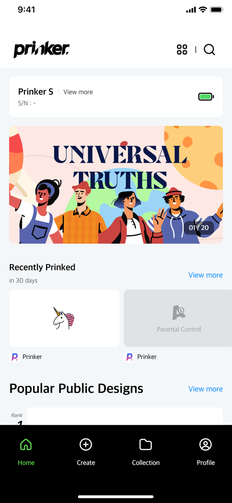 Prinker - La pantalla de inicio de la aplicación Prinker con el estado del dispositivo Prinker S conectado, banners de diseños de tatuajes de tendencia y una galería de obras de arte personalizadas como un unicornio.