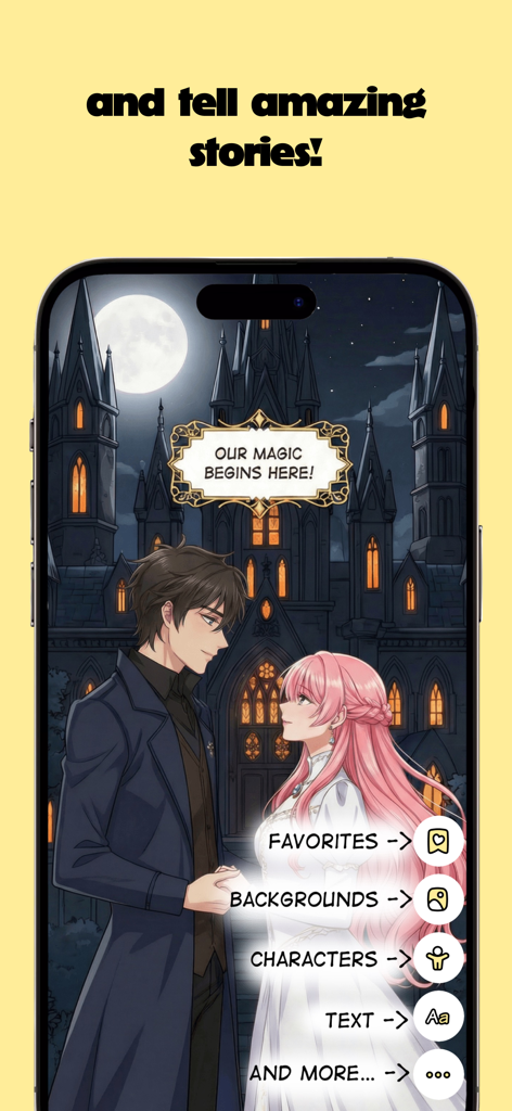 toongether: magic comics - A romantic fantasy comic scene with character and background editing tools in the toongether app