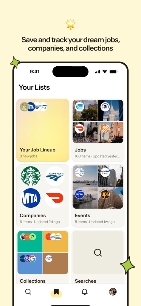 Bandana Job Search - Bandana Job Search app interface showing the Your Lists screen for saving and tracking jobs and companies