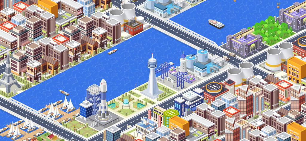 Vista isométrica de una ciudad desarrollada con un río y diversos monumentos en City Craft Building Sim.