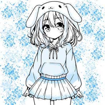 pretty anime girl wearing a fluffy hoodie with bunny ears on the hood and a skirt