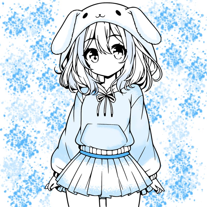 pretty anime girl wearing a fluffy hoodie with bunny ears on the hood and a skirt