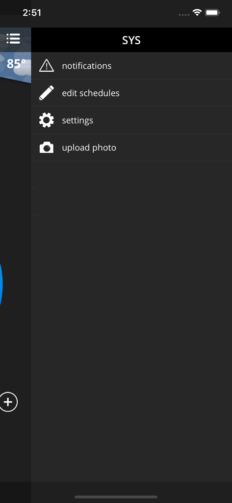 Main sidebar menu of the iComfort T-Stat app with options for notifications, schedules, and settings