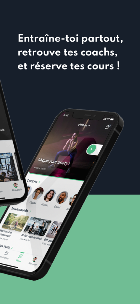 Keepcool mobile app interface displaying workout video options and a list of fitness coaches