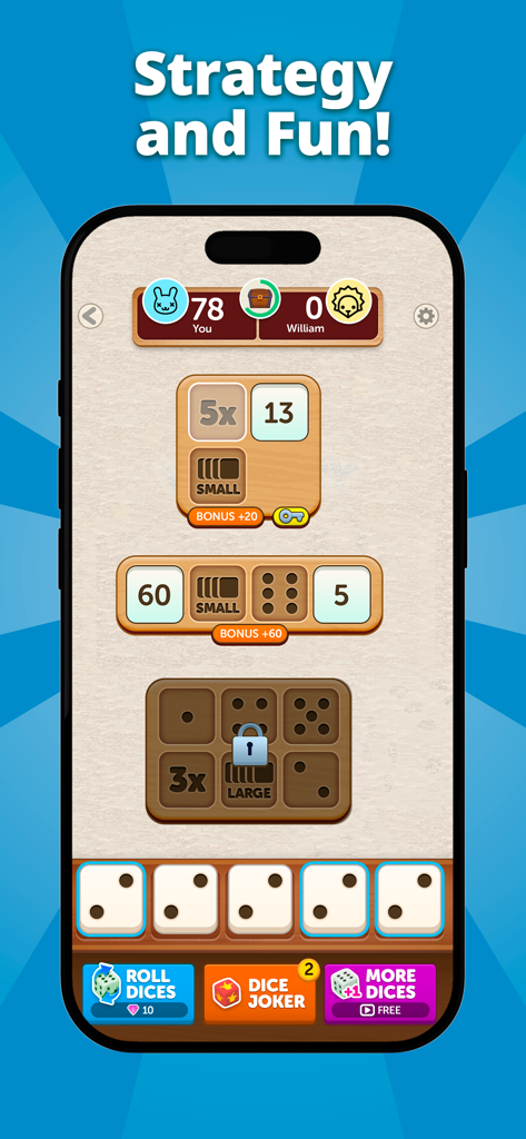 Mobile gameplay screen of Dice Rollers showing a strategic match with scoring grids and dice rolls