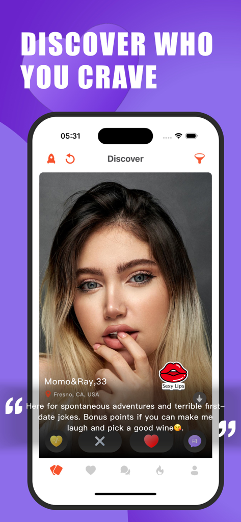 Casual Swinger Dating App-BRIO - Una página de descubrimiento de perfiles en la aplicación de citas swinger BRIO con una mujer joven