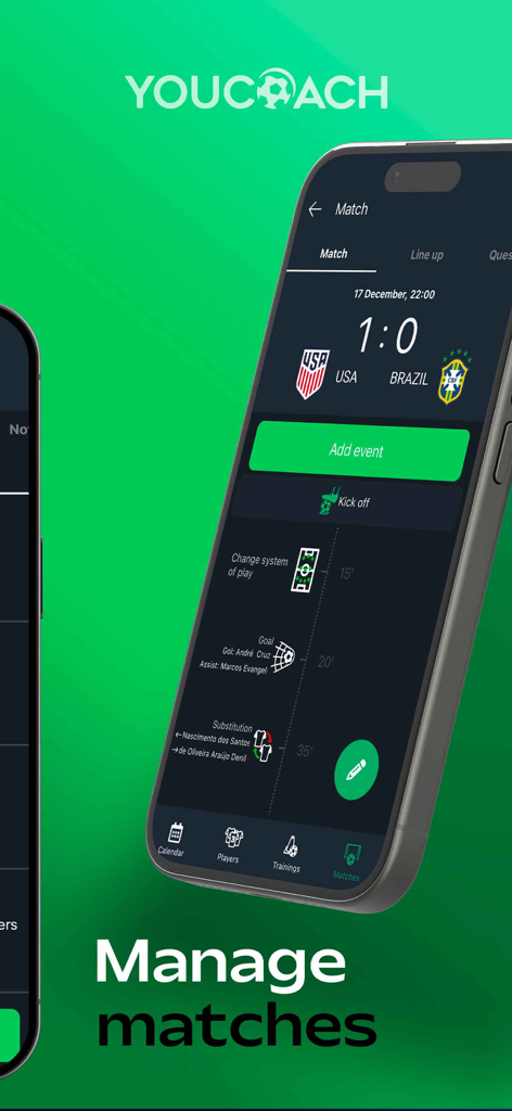 YouCoach Soccer Planner - YouCoach Soccer Planner app interface showing a match management timeline with goals and substitutions for a soccer game