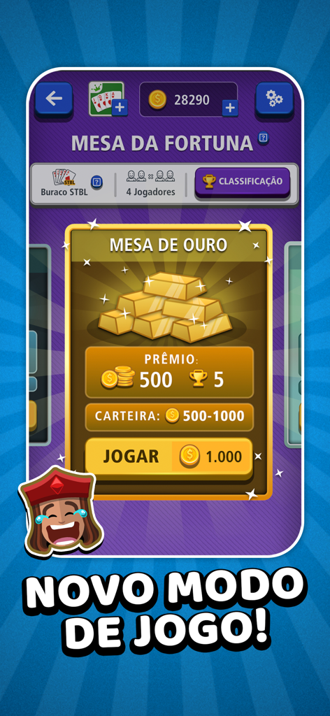 Buraco Jogatina: Jogo de Carta - A screenshot of the Buraco Jogatina card game showing a new game mode called Table of Fortune with gold rewards.