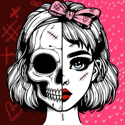 realistic girl with half skull mask