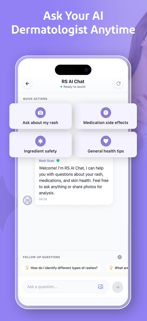 AI dermatologist chat interface in the Rash Scan app with quick action buttons for skin rashes and medication info