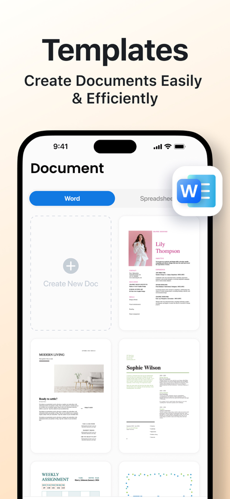 Word Editor・Docs・Sheets・Office - Mobile app interface showing a variety of document templates for resumes and reports