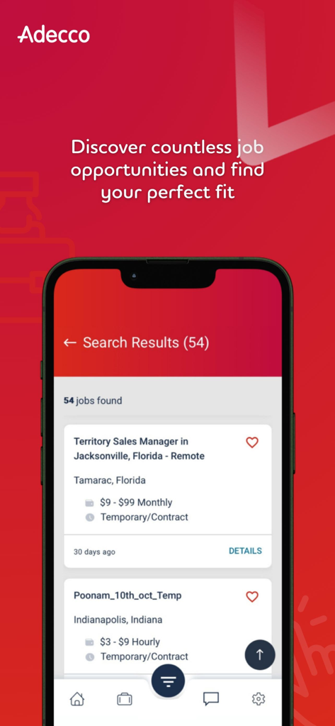 Adecco - Adecco mobile app displaying job search results for professional and temporary positions.