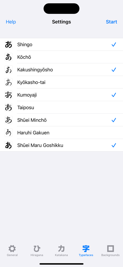 Real Kana - Real Kana settings screen showing a list of Japanese typeface options for practice.