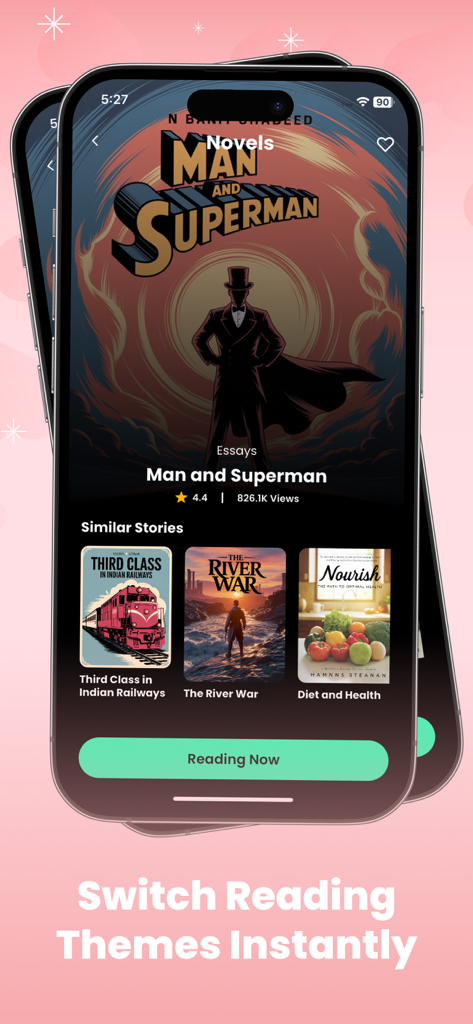 Interface of the NovelShort app showing the Man and Superman book details page with similar story recommendations and a Reading Now button.