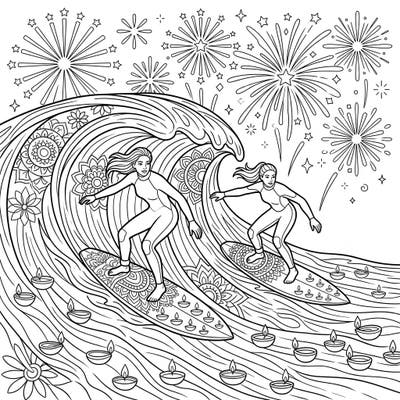 Experience a thrilling fusion of sport and festivity with this dynamic coloring page featuring female surfers carving through waves adorned with beautiful Diwali patterns. Dive into a world where athletic grace meets the radiant glow of the festival of lights.