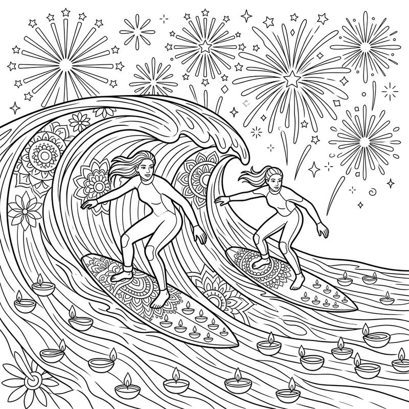 Experience a thrilling fusion of sport and festivity with this dynamic coloring page featuring female surfers carving through waves adorned with beautiful Diwali patterns. Dive into a world where athletic grace meets the radiant glow of the festival of lights.