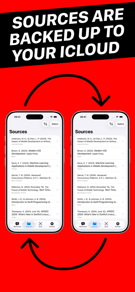 APA Citation Generator - Solon - Generador de Citas APA que muestra fuentes sincronizadas a través de la copia de seguridad de iCloud.