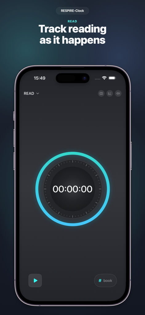 A minimalist dark interface showing a reading timer with a cyan progress ring for the RESPIRE-Clock app