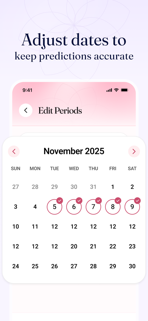 Interface of the iChums app showing a calendar to adjust period dates for accurate tracking