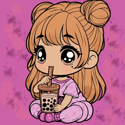 realistic little girl drinking boba