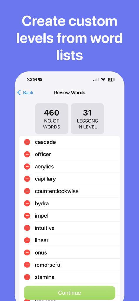 Spelling Bee Beezy app interface showing a custom word list review screen with various vocabulary words.
