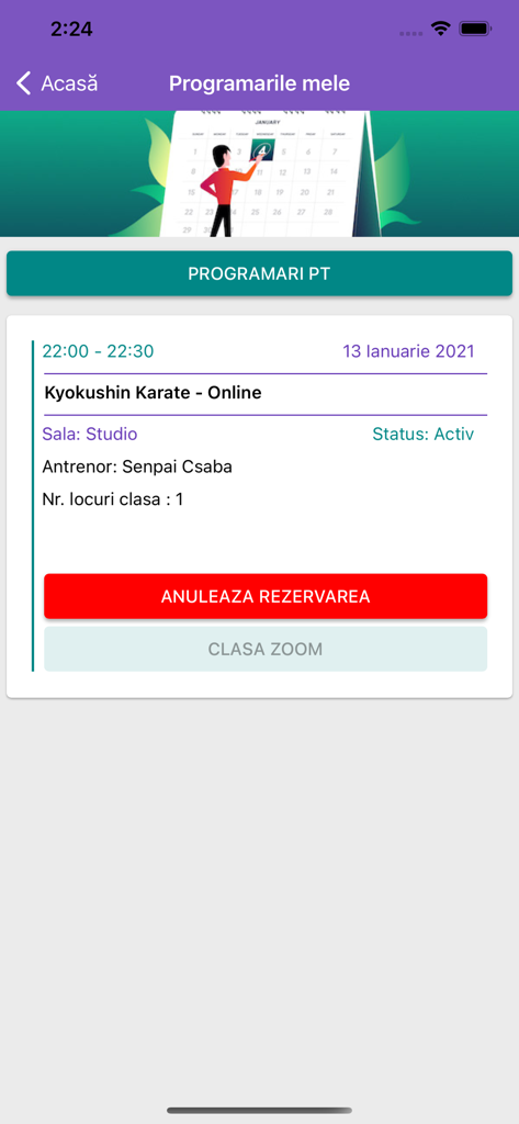 Pantalla de la aplicación de gestión de gimnasios que muestra los detalles de una clase de karate en línea programada