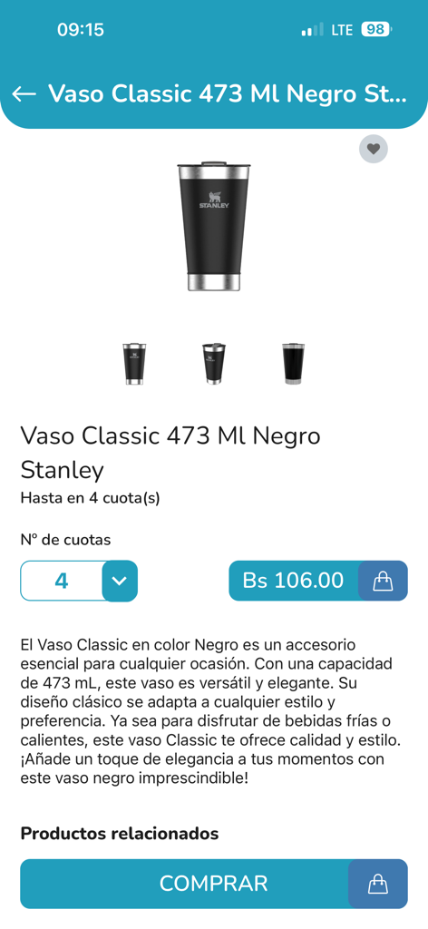 TeLoCompro - Product page for a black Stanley tumbler on the TeLoCompro shopping app