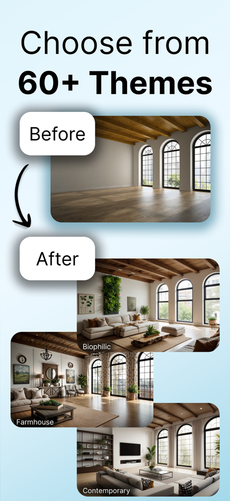 Before and after comparison of an empty room transformed into Biophilic, Farmhouse, and Contemporary styles using AI