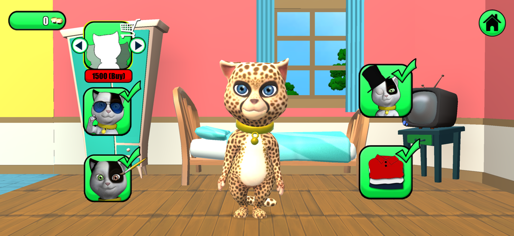 Talking Baby Cat Max Pet Games - Character customization menu for Talking Baby Cat Max featuring a leopard cat and outfit options