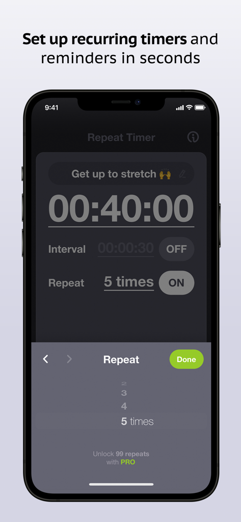 Repeat Timer: Interval Remind - Setup screen for a recurring timer in the Repeat Timer app on iPhone