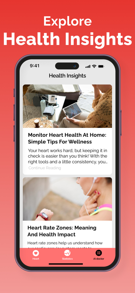 Heart Rate Monitor Variability - La pantalla de información de salud de la aplicación Monitor de Frecuencia Cardíaca que muestra artículos de bienestar e información sobre la frecuencia cardíaca.