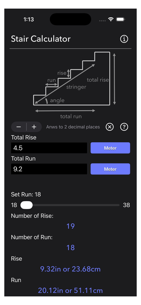 Stair Calculator Plus app interface showing rise and run calculations with a diagram