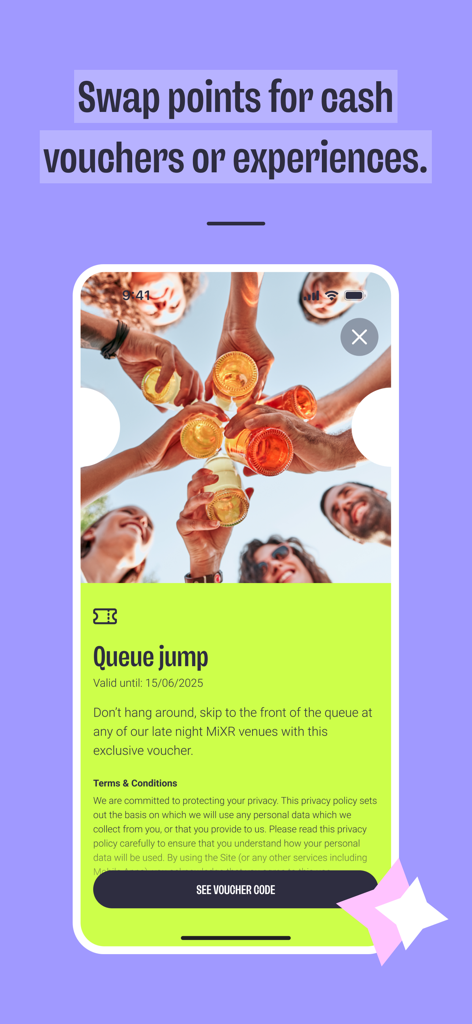 MiXR app screen showing an exclusive queue jump voucher to skip nightlife lines