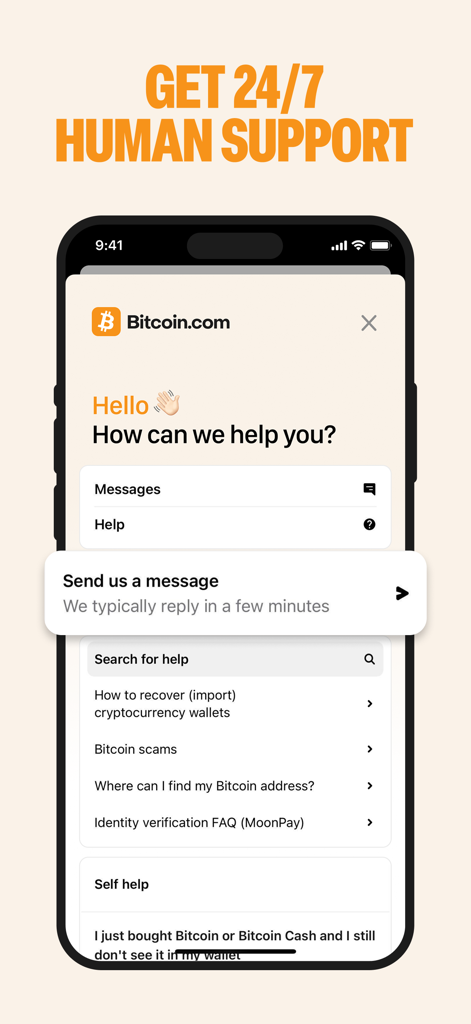 Bitcoin.com Wallet: Buy, sell - Bitcoin.com ウォレットアプリのインターフェースが、24時間年中無休の有人サポートとヘルプセンターの機能を表示