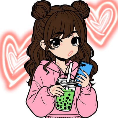 realistic girl with a lphone and boba
